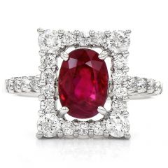 No Heat Burma Red Ruby Platinum Rectangular Halo Cocktail Ring 