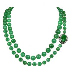 Antique GIA Vivid Natural A Jade DiamondDeco Jade Clasp Strand Necklace