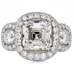 GIA 5.49ct Asscher Cut Diamond Platinum Halo Triple Stone Engagement Ring