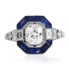 Vintage Style Old Cushion Cut Diamond Sapphire Platinum Octagonal Halo Engagement Ring