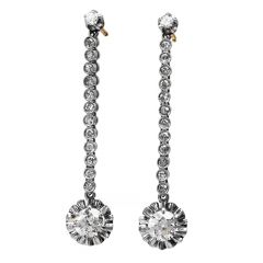 Vintage Old European Cut Diamond Platinum Line Link Dangle Drop Earrings