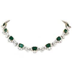 Natural Vivid Green Emerald Diamond 18K Gold Floral Eternity Collar Link Necklace