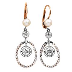 Antique Old Diamond Pearl 18K Rose White Gold Victorian Halo Dangle Drop Earrings