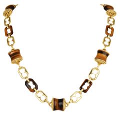 Estate Tiger's Eye 18K Gold Barrel Link Long Necklace-Dover Jewelry