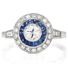 Estate Deco Diamond Sapphire Double Halo Platinum Cocktail Ring