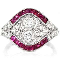Vintage Style Diamond Ruby Flower Floral Cocktail Ring