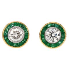 Estate Round Diamond Emerald  Platinum Bezel Halo Stud Earrings