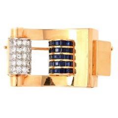 Vintage Retro Pave Diamond Blue Sapphire 18K Yellow Gold Buckle Brooch Pin