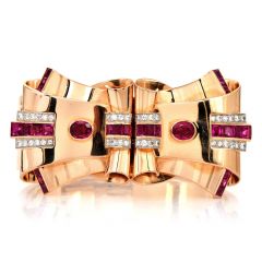Retro Vintage Diamond Ruby 14K Rose Gold Bow Bangle Bracelet & Double Pin