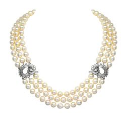 Estate Diamond Akoya Pearl Platinum Gold Clasp Three Strand Necklace