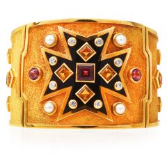 Verdura Diamond Pearl Citrine Tourmaline 18K Gold Maltese Cross Large Bangle Bracelet