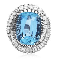 Estate 23.07 GIA Aquamarine Diamond Platinum Halo Bypass Cocktail Ring