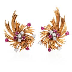Tiffany & Co. Vintage Diamond Ruby 18K Gold Swirl Flower Clip On Earrings