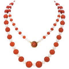 GIA Natural No Dye Coral Pearl 14K Gold Graduated Long Beaded Necklace
