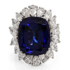 GIA 21.66 carat Tanzanite Diamond Platinum Flower Halo Cocktail Ring