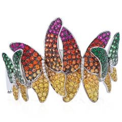Designer Diamond Multicolor Sapphire Tsavorite 18K Gold Butterfly Rainbow Bangle Bracelet