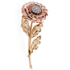Cartier French Vintage Diamond 18K Gold Floral Retro Double Brooch Pin Set