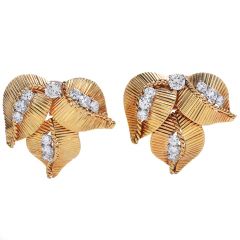 Cartier French Vintage Diamond 18K Gold Floral Retro Double Brooch Pin Set