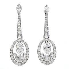 Estate 4.70cts Diamond 18K White Gold Oval Dangle Drop Earrings