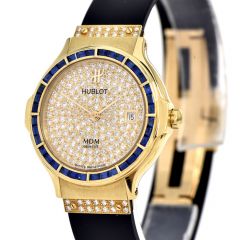 Hublot MDM Blue Sapphire Bezel Diamond Dial 18k Gold Ladies Watch