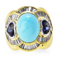 Estate 11.09cts Diamond Turquoise Heart Sapphire 18K Gold Cocktail Ring 