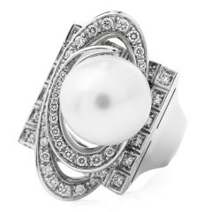 Modern South Sea pearl  Diamond Halo 18k White Gold Cocktail Ring