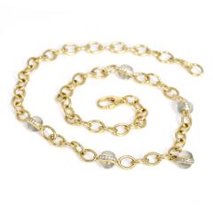 Estate Diamond Moosotone 18K Yellow Gold Bead Link Chain Necklace