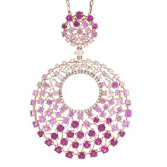 Estate Diamond Pink Sapphire 14K Rose Gold Round Cluster Pendant Necklace