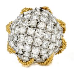Vintage Retro Diamond Cluster 18K Gold Platinum Rope Dome Cocktail Ring