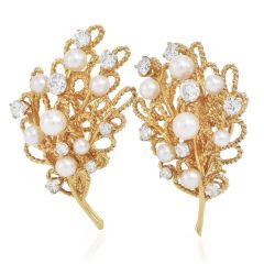  Vintage Akoya Pearl Diamond 22K Gold Rope Flower Bouquet Earrings