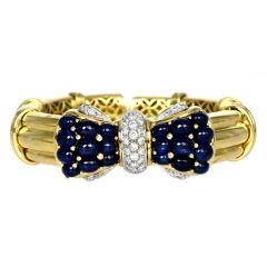 estate Cabochon Blue Sapphire Diamond 18K Gold Bow Cuff Bangle Bracelet