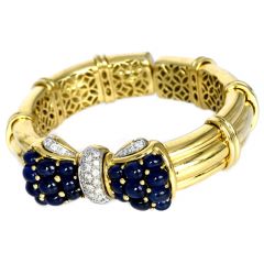 Estate Diamond Sapphire 18K Gold Bow Cuff Bangle Bracelet-Dover Jewelry