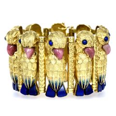 Vintage Retro Lapis Lazuli Coral 18K Gold Enamel Wide Parrot Bracelet