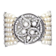 Estate Designer Ella Gafter Diamond 18K Gold Floral Wide Pearl Strand Bracelet