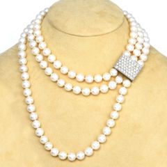 Estate Cluster Diamond Pearl Gold Clasp Three Strand Necklace