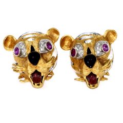 Vintage Retro Diamond Ruby Onyx 18K Yellow Gold Enamel Tiger Cufflinks