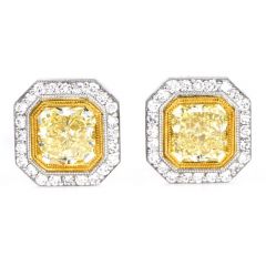 Estate Cushion 3.65cts Fancy Yellow Diamond Platinum Gold Halo Stud Earrings