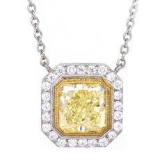 GIA Certified 3.36cts Fancy Yellow Cushion Diamond Platinum Halo Pendant Necklace