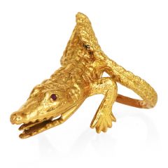 Italian Ruby 18K Yellow Gold Textured Alligator Cocktail Ring