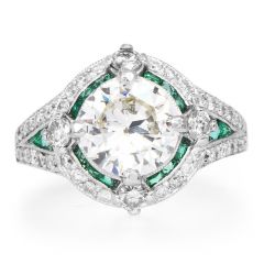 GIA 1.87cts Diamond Emerald Platinum  Deco Halo Cocktail Engagement Ring