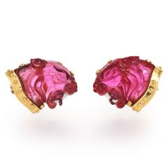 Vintage Carved Tourmaline 18K Gold Saber Tooth Panther Cougar Cufflinks