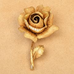 GUBELIN Diamond 18K Yellow Gold Textured Rose Flower Brooch Pin