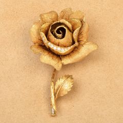 GUBELIN Diamond 18K Yellow Gold Textured Rose Flower Brooch Pin
