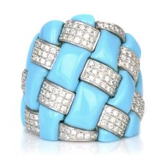 Estate Turquoise Diamond 18K Gold Woven Wide Cocktail Ring