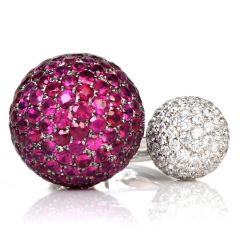 Modern 14.05 cts Ruby Diamond 18K White Gold Double Ball Cocktail Ring