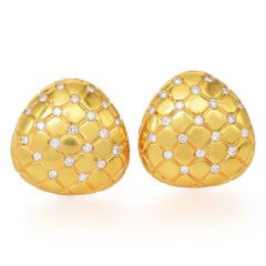  Estate Diamond 18K Yellow Gold Quilted Cushion Clip On Earrings