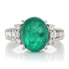 GIA 3.92ct Cabochon Emerald Diamond Platinum Cocktail Ring
