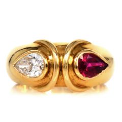 Fred Paris Diamond Ruby 18K Yellow Gold Bypass Band Ring