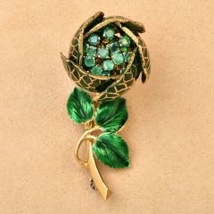 Vintage Emerald Plique à Jour 18K Yellow Gold Green Enamel Flower Brooch Pin