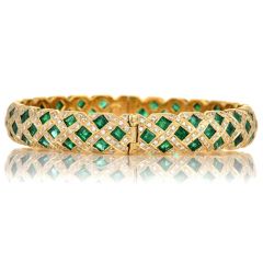 Italian Designer Diamond Emerald 18K Yellow Gold Checkered Bangle Bracelet